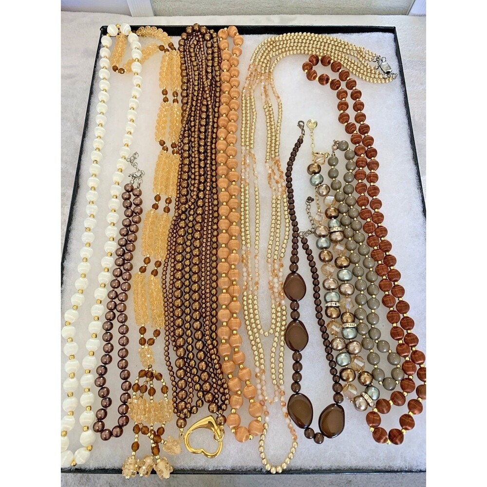 Vintage Layering Necklace Lot 9PC Neutral Glam Faux Pearl Gold Tone Espresso